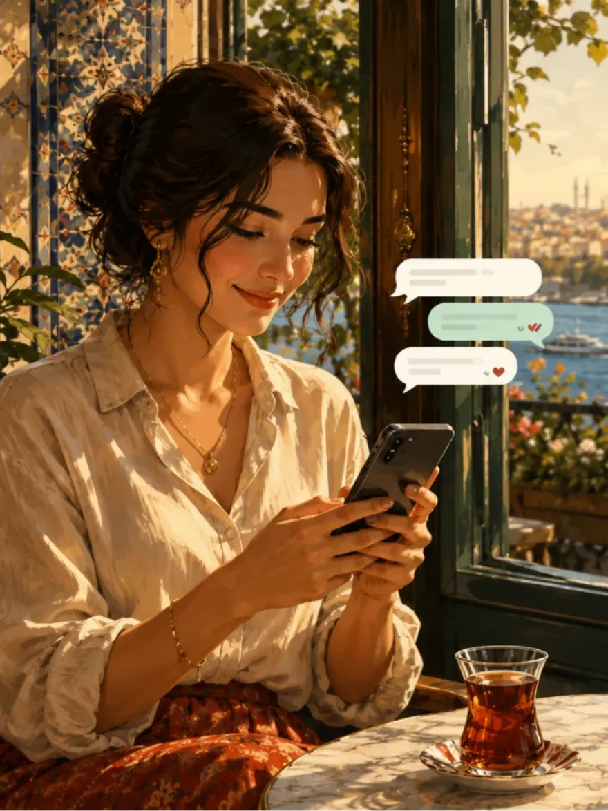 A learner sharing Turkish çay on an Istanbul terrace at golden hour